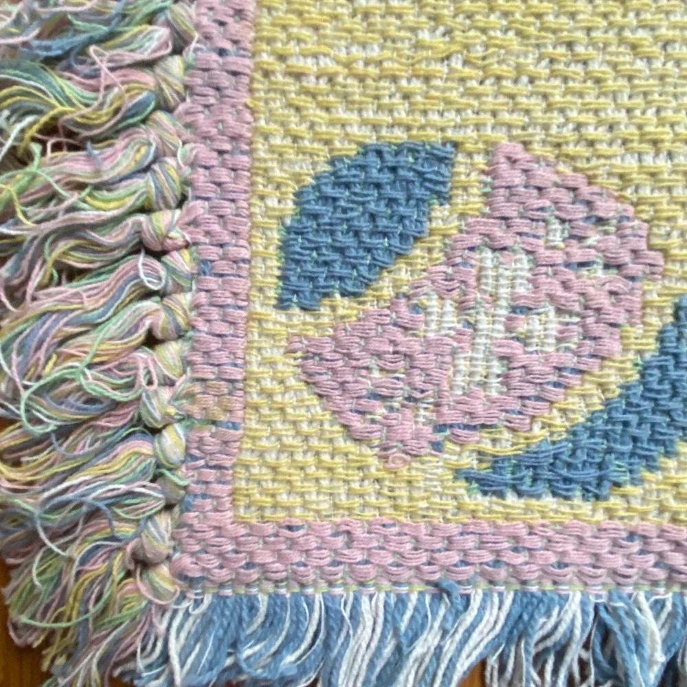 Vintage Easter Bunny Woven Tapestry Rug Tablecloth Pastel Pink Blue‎ Fringed Mat